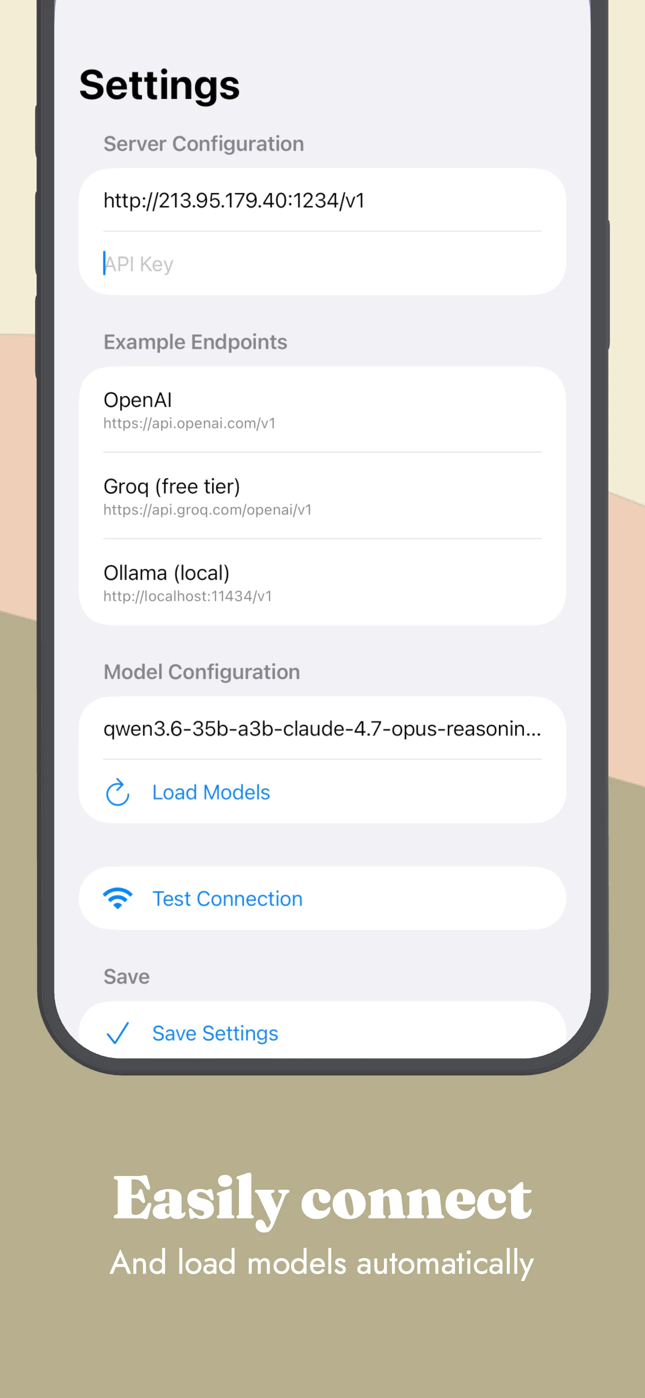 Arca AI Chat - View of settings page