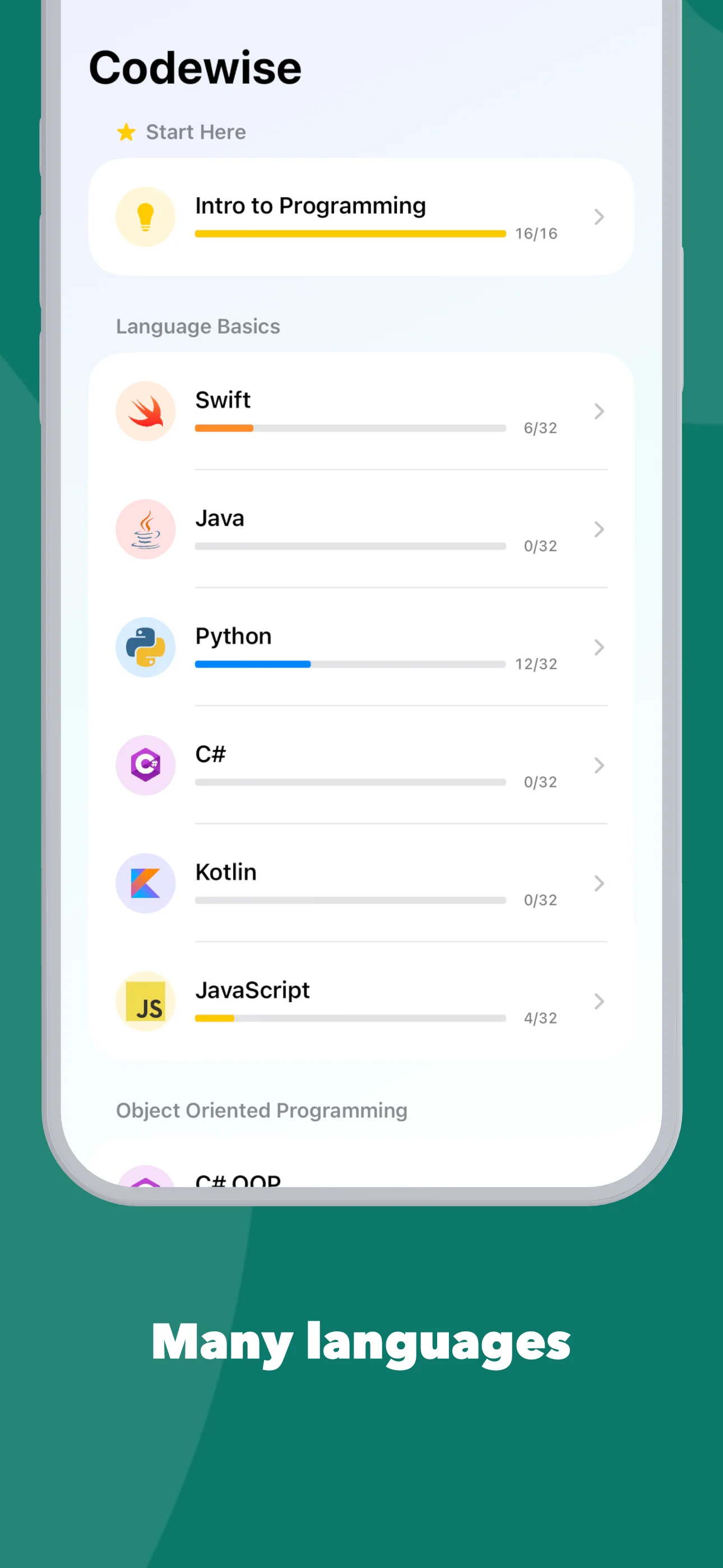 Codewise - View showing language module selection on iPhone