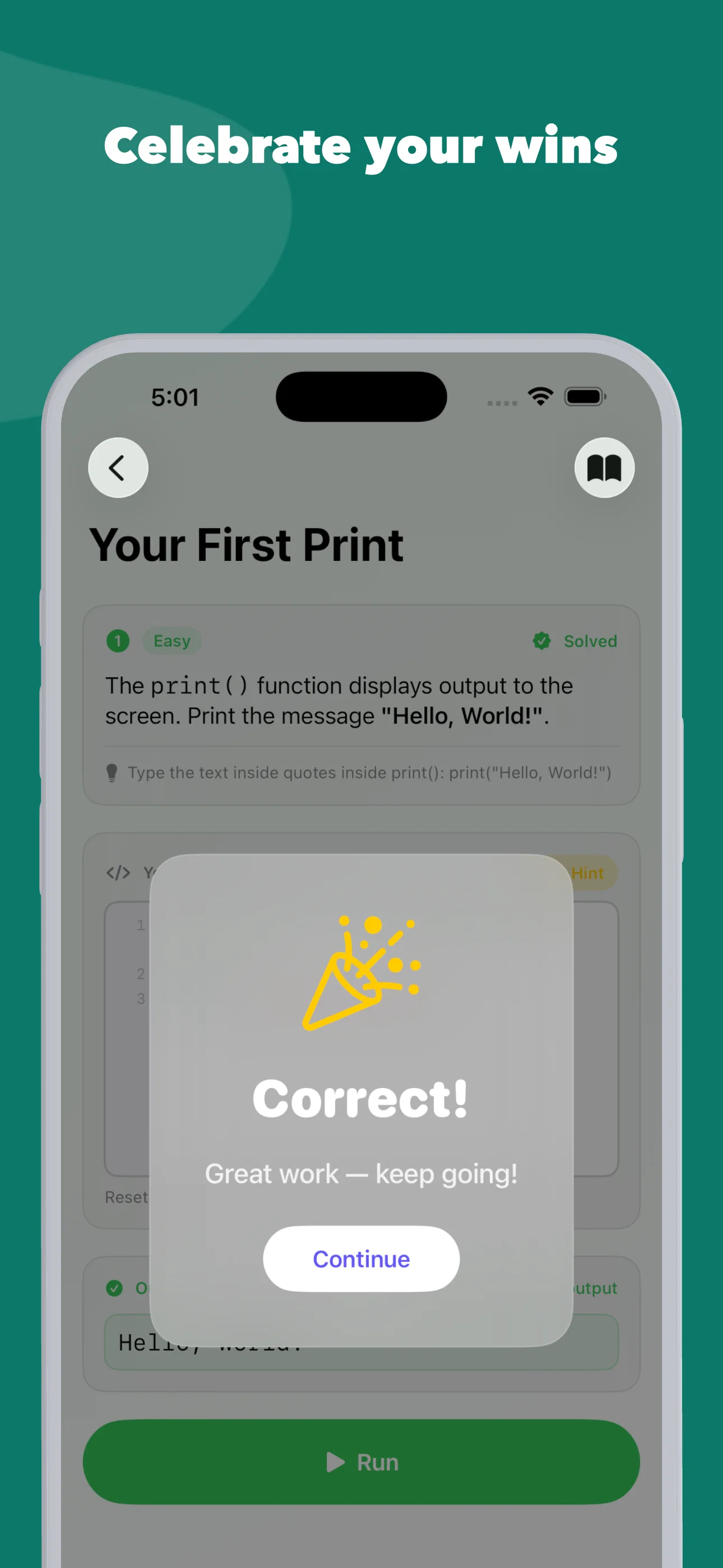 Codewise - View showing celebration dialog on iPhone