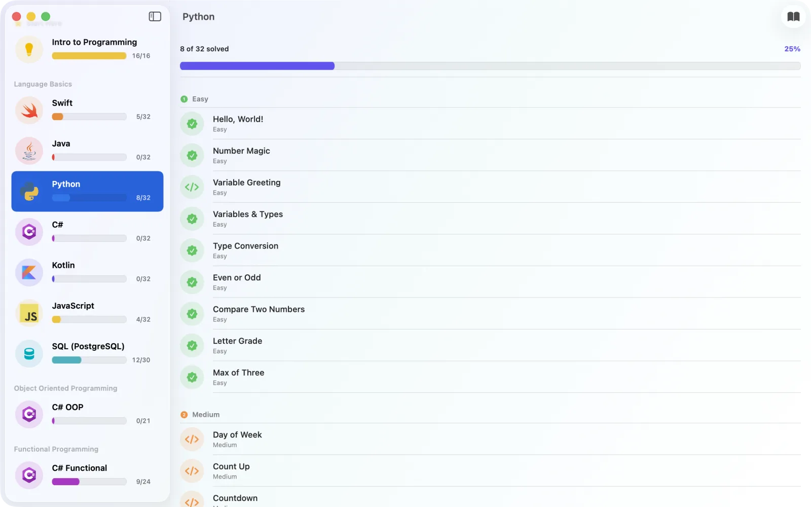 Codewise on Mac showing the Python track with 8 of 32 challenges solved, including Hello, World!, Even or Odd, and Letter Grade