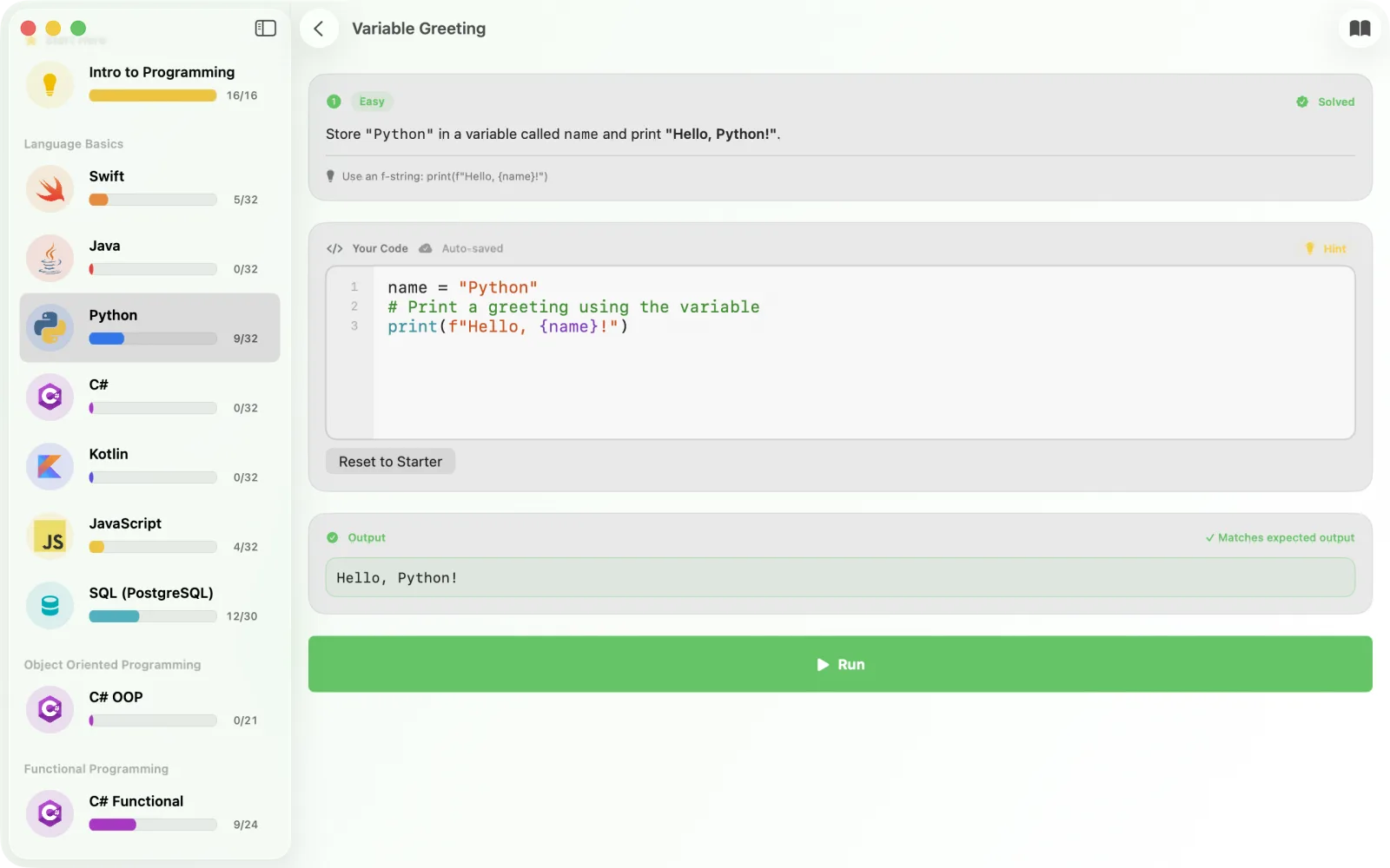 Codewise on Mac with the Python challenge Variable Greeting solved: an f-string in the code editor and the output Hello, Python! matching the expected output