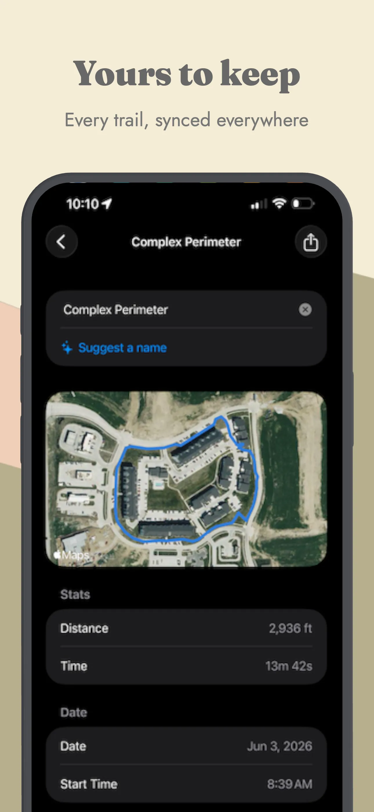 HappyTrail - Saved trail with distance and time summary